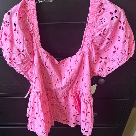 Altar’d State Pink Eyelet Puff Sleeve Top - Picture 3 of 6